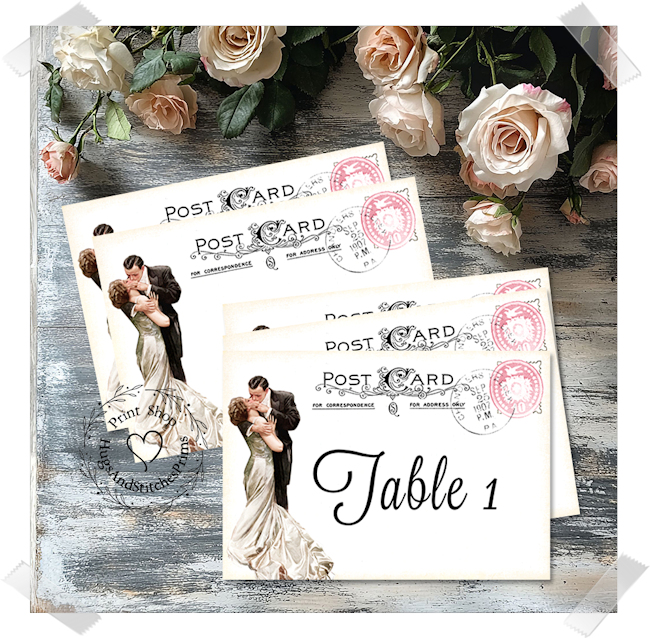 Bride & Groom Pink Stamp Postcard Large Flat Table Card #188
